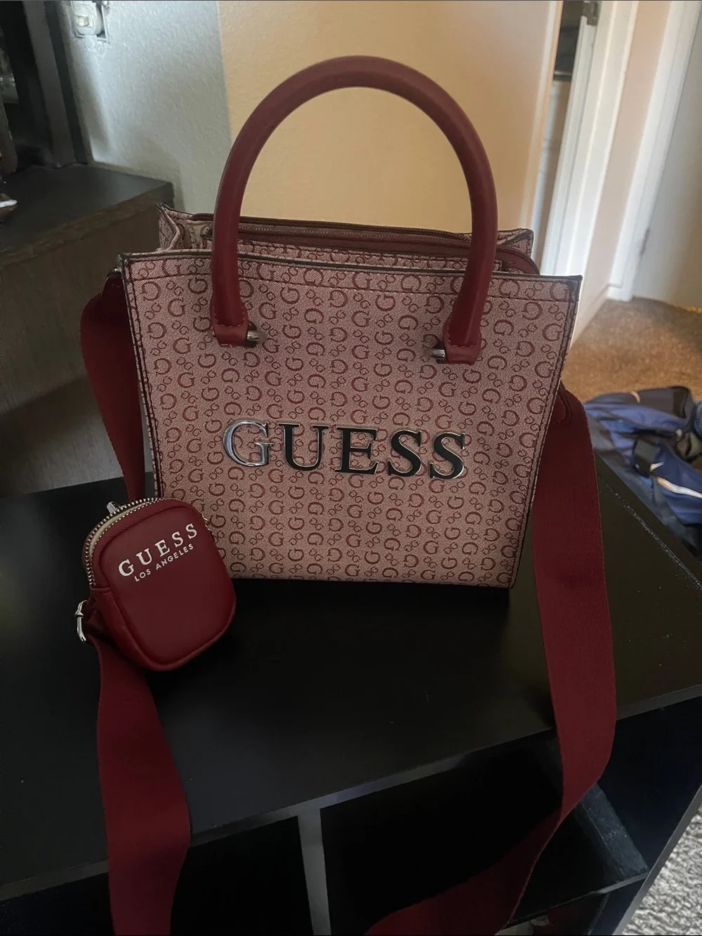 GUESS Burgundy Monogram Satchel with Detachable Strap